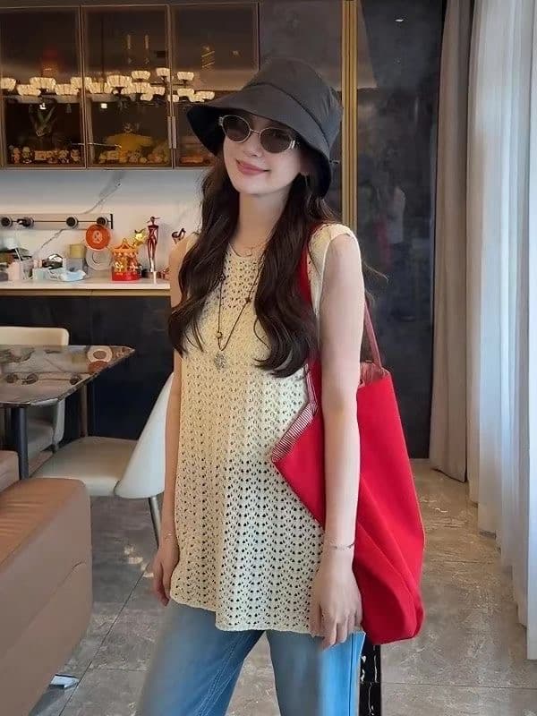 한 부서 chic 자수 홀로우 아웃 니트 캐미솔 여름 루즈핏 중간 길이 스택 착용 만나는 민소매 맨위 이미지 3