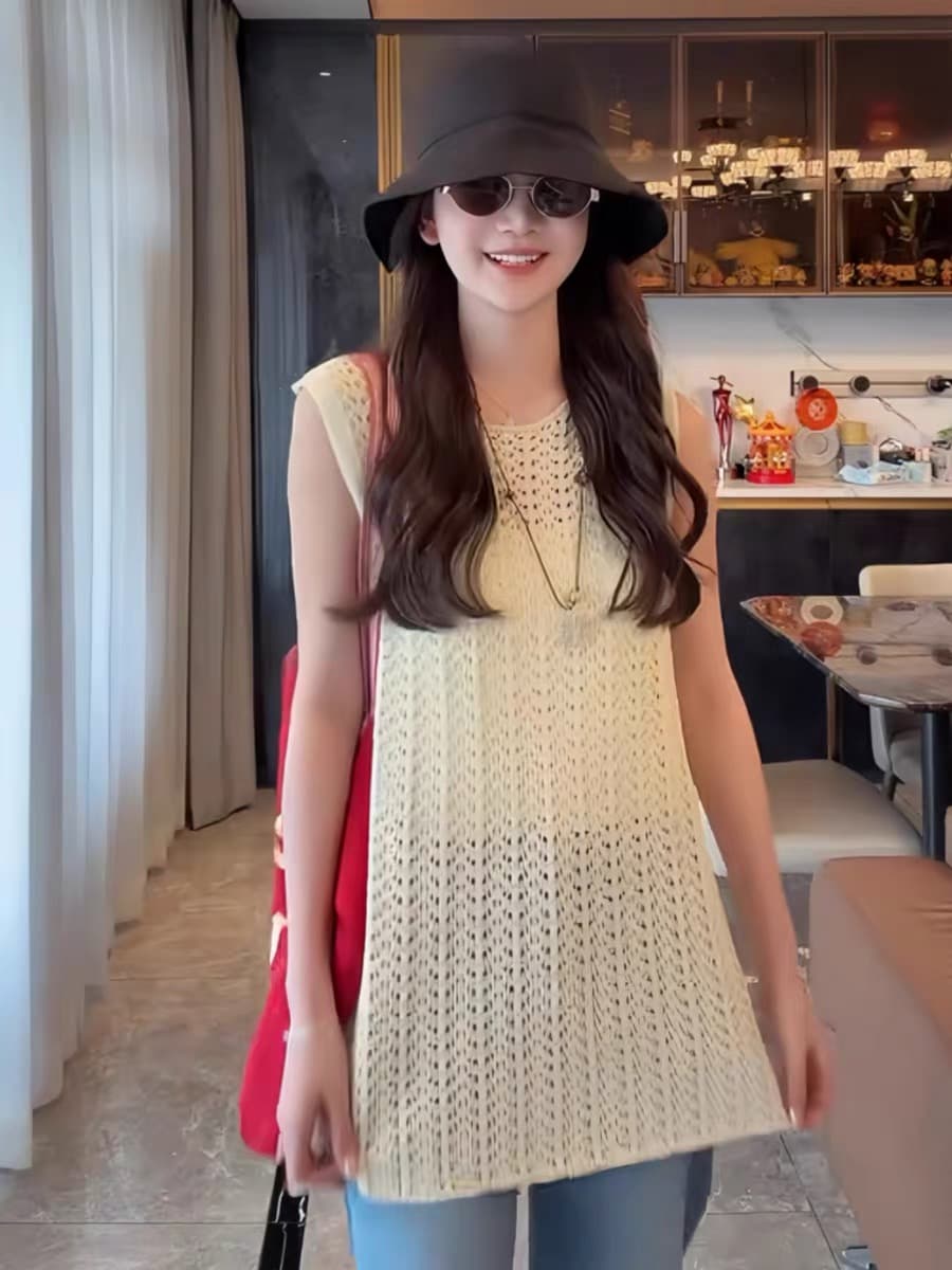 한 부서 chic 자수 홀로우 아웃 니트 캐미솔 여름 루즈핏 중간 길이 스택 착용 만나는 민소매 맨위 상세 이미지 1