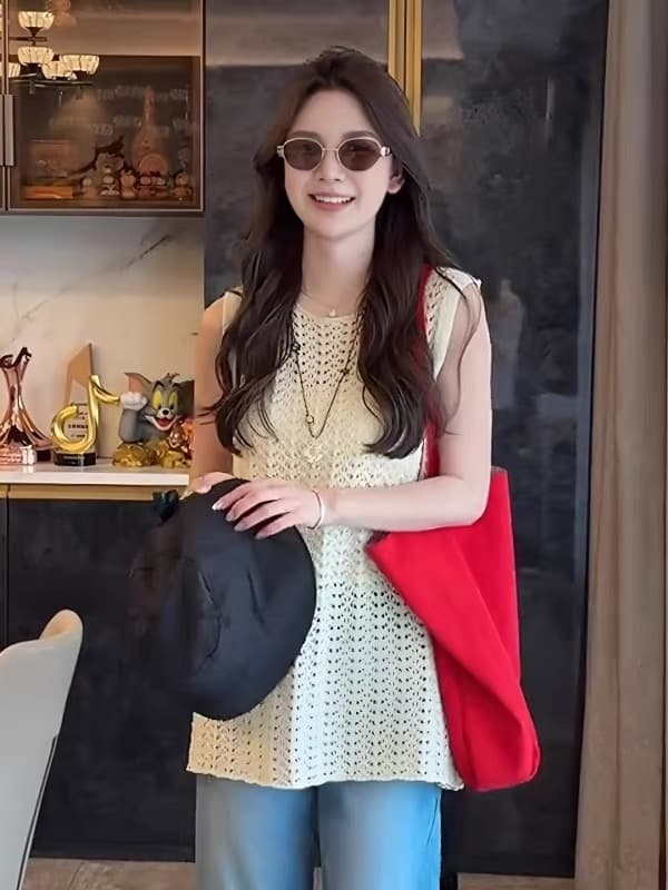 한 부서 chic 자수 홀로우 아웃 니트 캐미솔 여름 루즈핏 중간 길이 스택 착용 만나는 민소매 맨위 상세 이미지 3