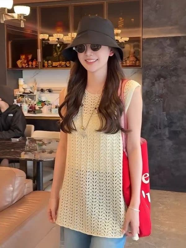 한 부서 chic 자수 홀로우 아웃 니트 캐미솔 여름 루즈핏 중간 길이 스택 착용 만나는 민소매 맨위 상세 이미지 4