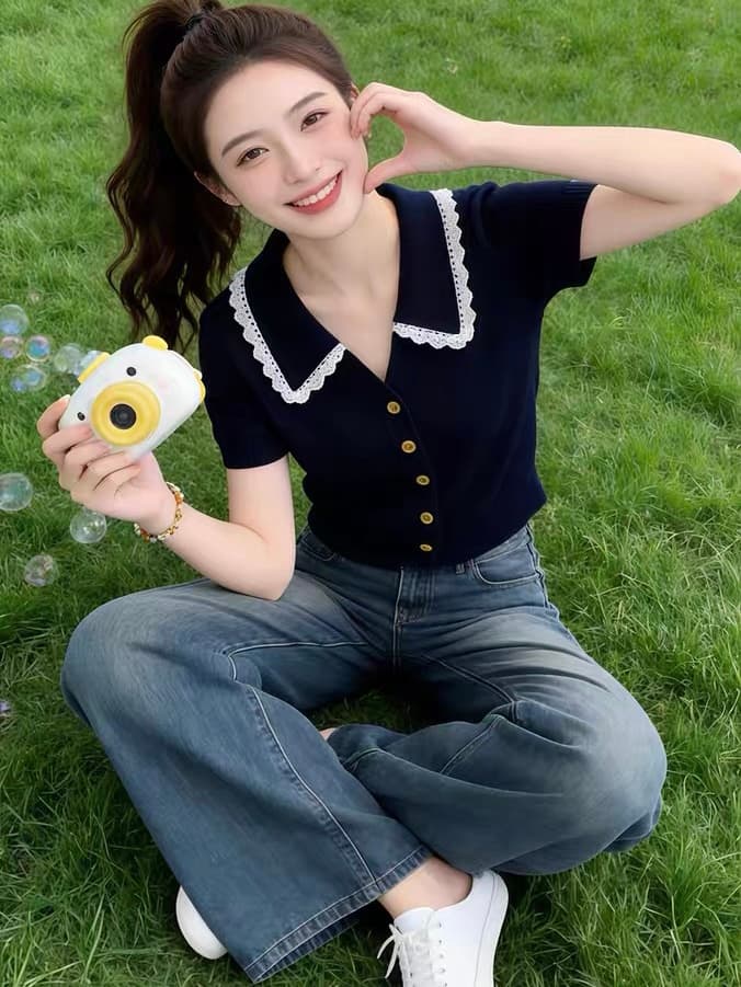 해군 POLO 칼라 레이스 레이스 반팔 티셔츠 여성 2026 여름 한 부서 착용 가져 가라. 자이언트 잘 생긴 다용도 맨위 이미지 3