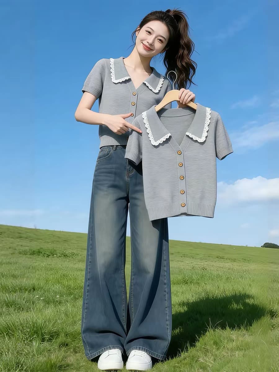 해군 POLO 칼라 레이스 레이스 반팔 티셔츠 여성 2026 여름 한 부서 착용 가져 가라. 자이언트 잘 생긴 다용도 맨위 상세 이미지 2