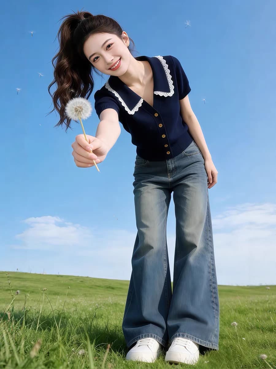 해군 POLO 칼라 레이스 레이스 반팔 티셔츠 여성 2026 여름 한 부서 착용 가져 가라. 자이언트 잘 생긴 다용도 맨위 상세 이미지 3