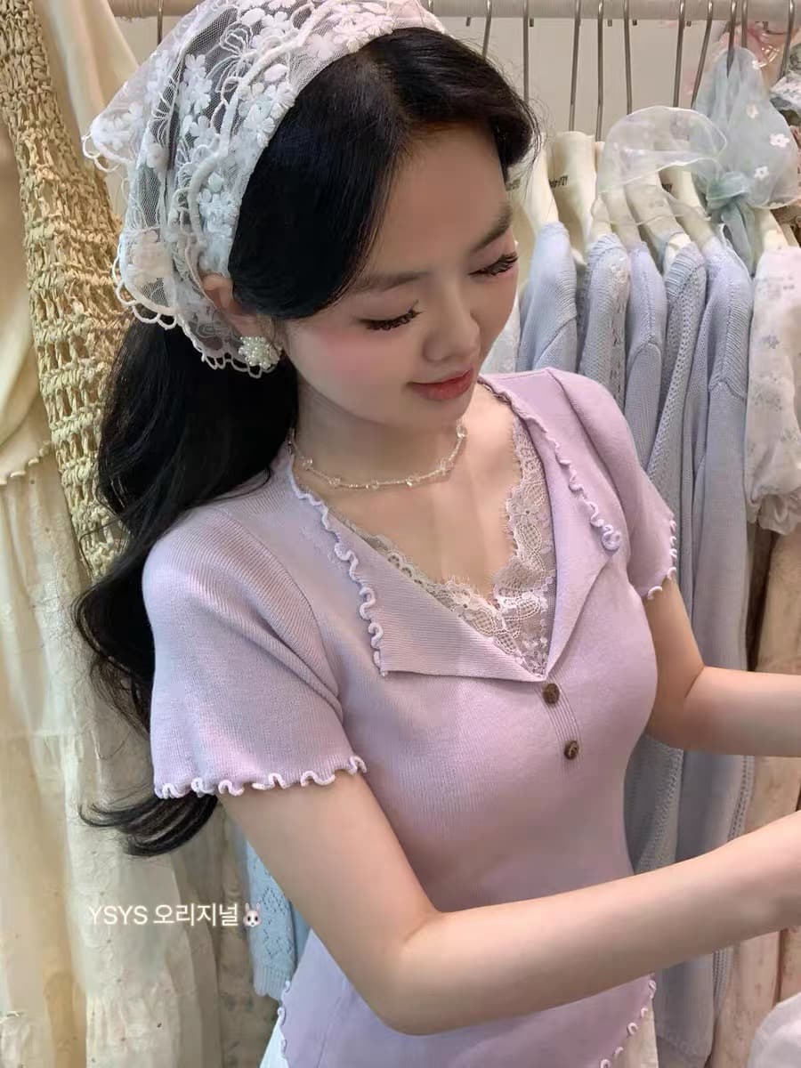 봄 새로운 순수한 욕망 바람 루즈핏 슬림해 보이는 반팔 풀오버 맨위 여성 폴로 칼라 패치워크 레이스 니트 스웨터 이미지 4