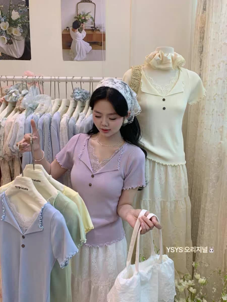 봄 새로운 순수한 욕망 바람 루즈핏 슬림해 보이는 반팔 풀오버 맨위 여성 폴로 칼라 패치워크 레이스 니트 스웨터 상세 이미지 6