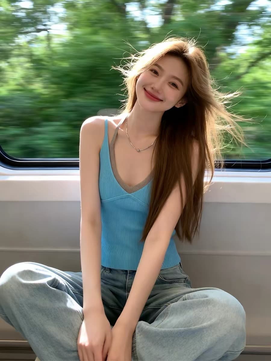 디자인 센스 파란색 행침 목 페이크 레이어드 민소매 슬립 여성 여름 외출용 자이언트 잘 생긴 얼음 실크 니트 조끼 맨위 이미지 2