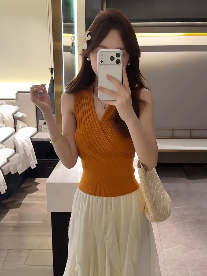 있음 도착 봄 여름 새로운 휴가 바람 품격 미니멀리즘 십자가 V넥 니트 몸매 가꾸기 민소매 조끼 이미지 2