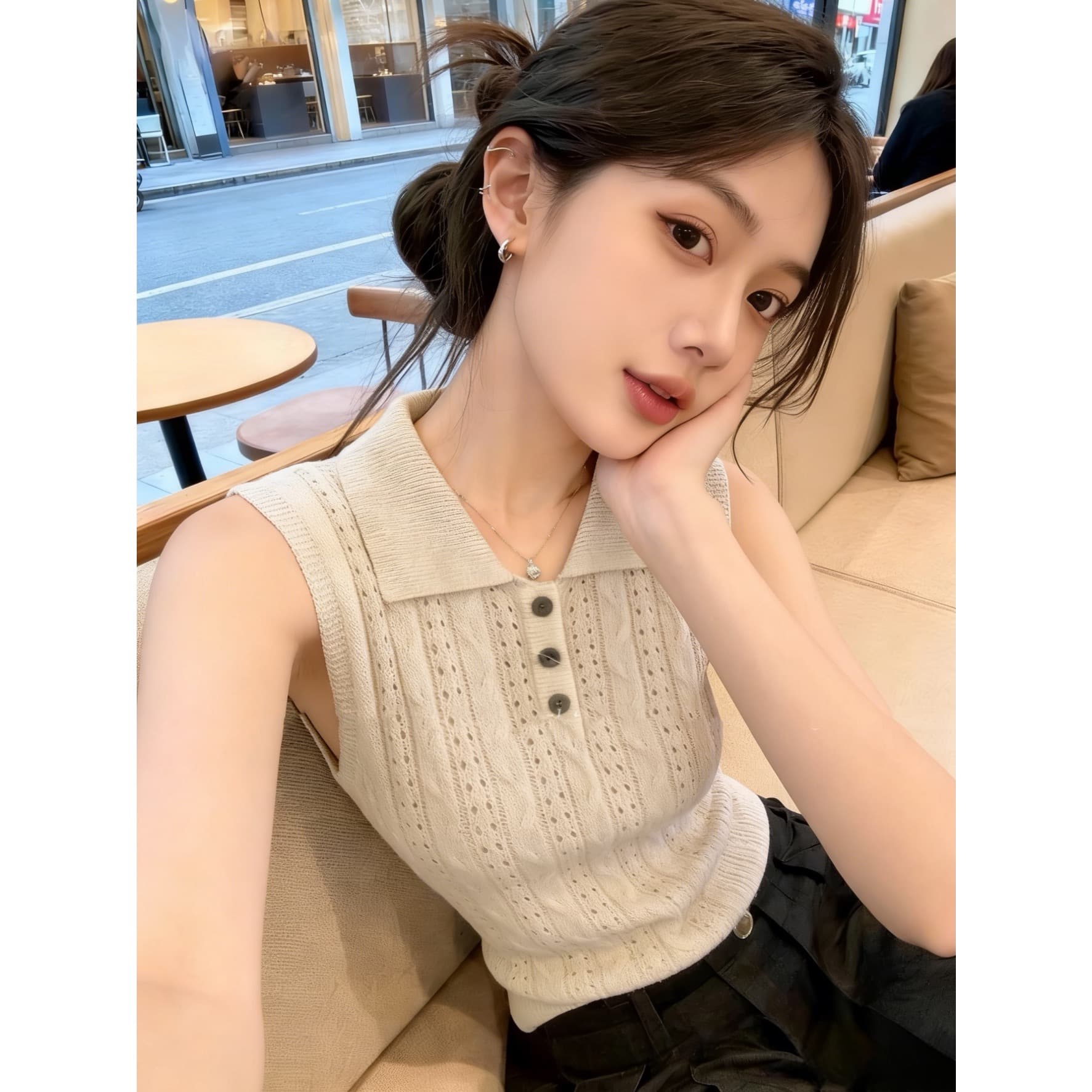 있음 도착 한 부서 다용도 슬림해 보이는 홀로우 아웃 polo 민소매 니트 조끼 맨위 여성 2026 여름 상세 이미지 5