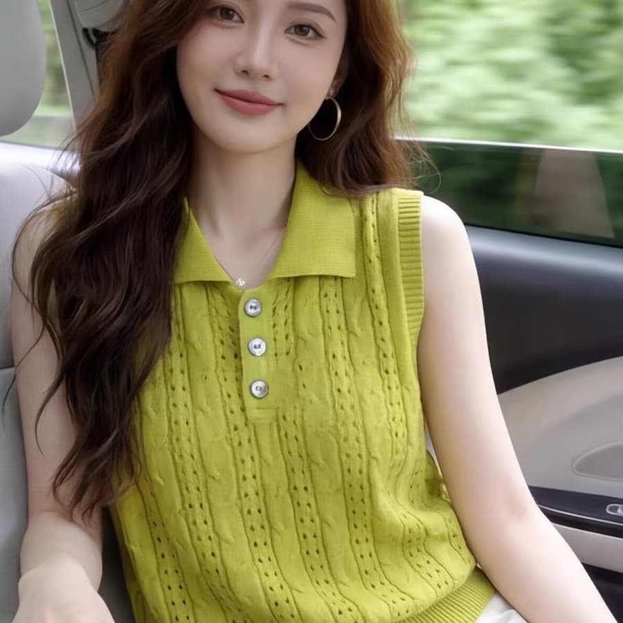 캐주얼 바람 POLO 칼라 홀로우 아웃 니트 조끼 여성 2026 봄 여름 녹색 얇은 스타일 다용도 슬림해 보이는 민소매 맨위 이미지 5