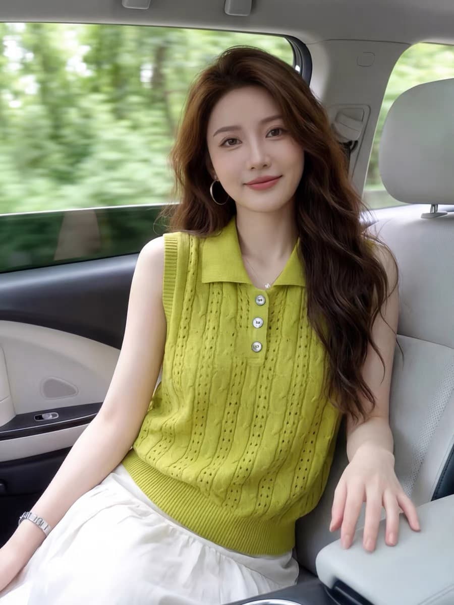 캐주얼 바람 POLO 칼라 홀로우 아웃 니트 조끼 여성 2026 봄 여름 녹색 얇은 스타일 다용도 슬림해 보이는 민소매 맨위 상세 이미지 1