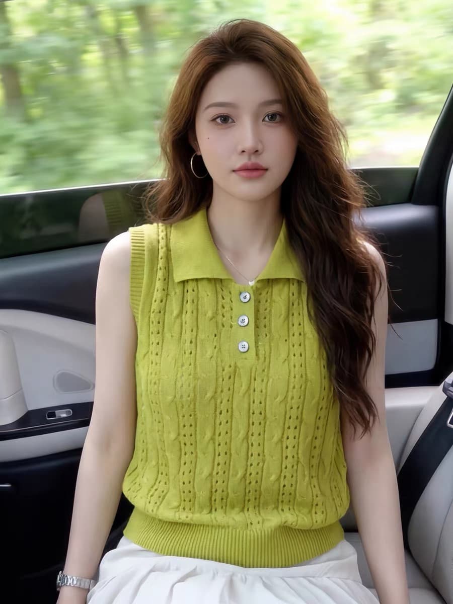 캐주얼 바람 POLO 칼라 홀로우 아웃 니트 조끼 여성 2026 봄 여름 녹색 얇은 스타일 다용도 슬림해 보이는 민소매 맨위 상세 이미지 4