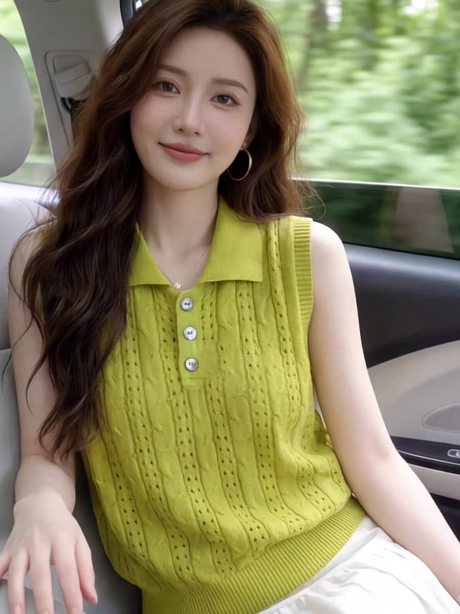 캐주얼 바람 POLO 칼라 홀로우 아웃 니트 조끼 여성 2026 봄 여름 녹색 얇은 스타일 다용도 슬림해 보이는 민소매 맨위 상세 이미지 5