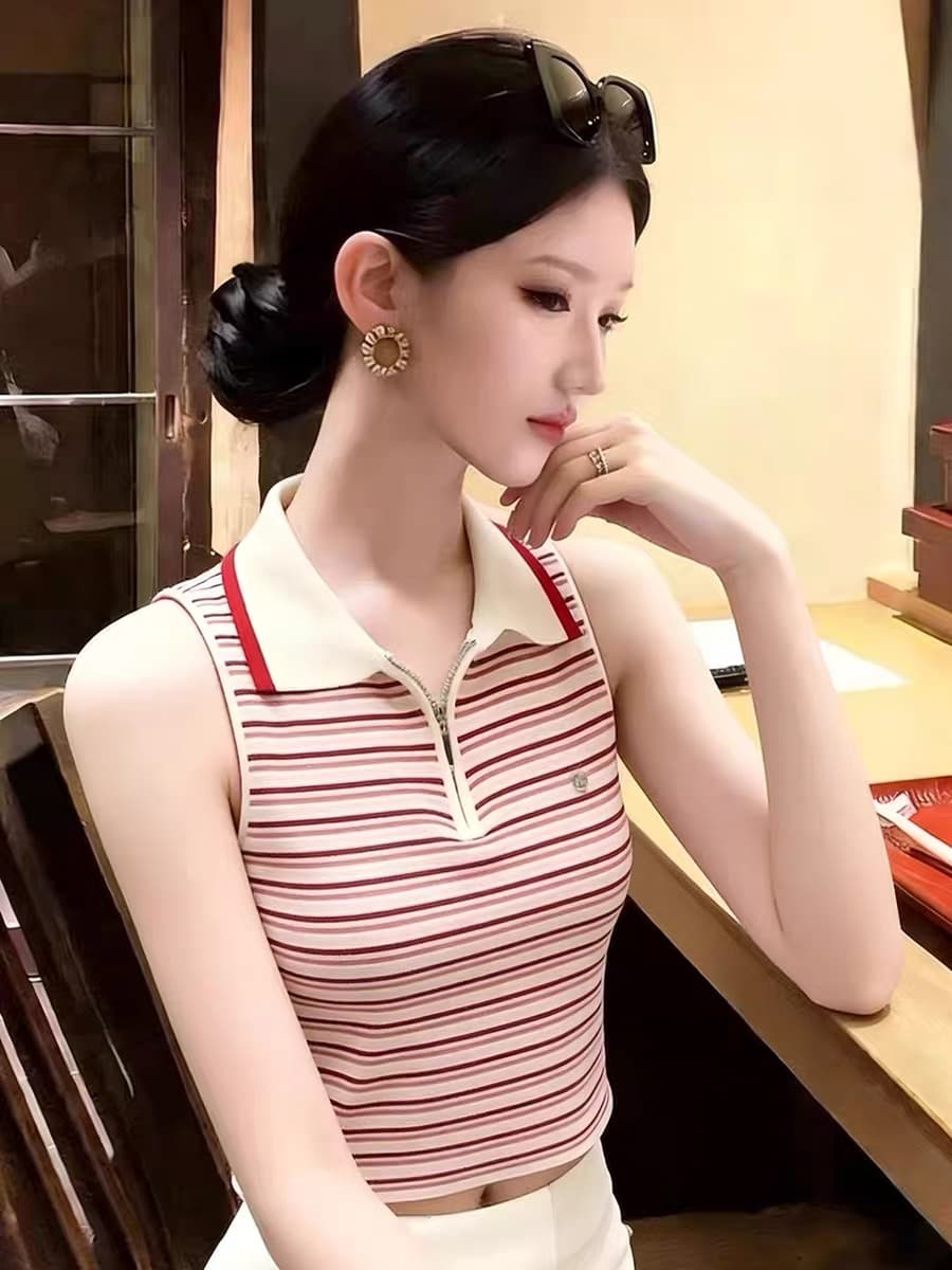 여름 레트로 배색 스트라이프 POLO 칼라 민소매 어깨 조끼 여성 외출용 디자인 센스 고유 한 하프 지퍼 맨위