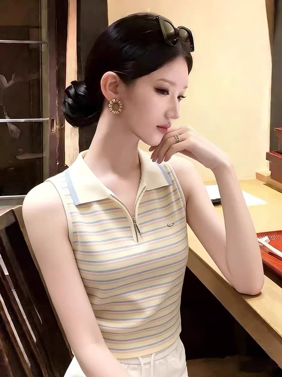 여름 레트로 배색 스트라이프 POLO 칼라 민소매 어깨 조끼 여성 외출용 디자인 센스 고유 한 하프 지퍼 맨위 이미지 4