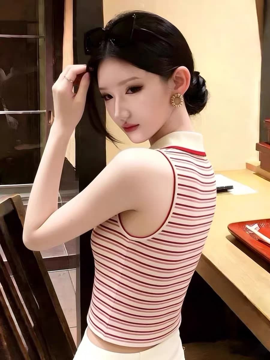 여름 레트로 배색 스트라이프 POLO 칼라 민소매 어깨 조끼 여성 외출용 디자인 센스 고유 한 하프 지퍼 맨위 이미지 3