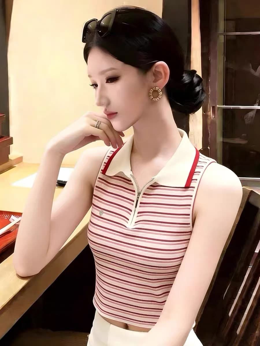 여름 레트로 배색 스트라이프 POLO 칼라 민소매 어깨 조끼 여성 외출용 디자인 센스 고유 한 하프 지퍼 맨위 상세 이미지 2