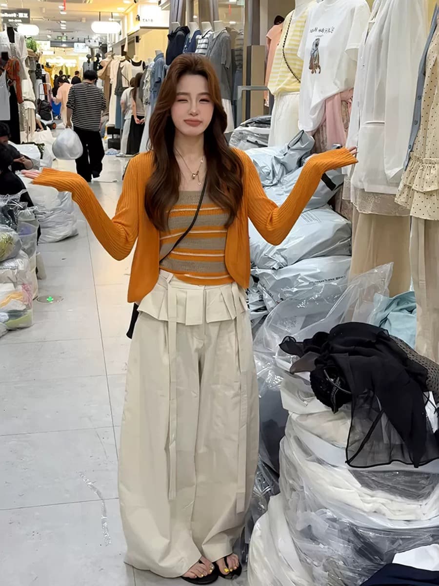 여름 ootd 착용 가져 가라. 2026 새로운 한 부서 순수한 욕망 스트라이프 슬립 맨위 여성 얇은 스타일 자외선 차단 오픈 가디건 투피스 세트 이미지 2