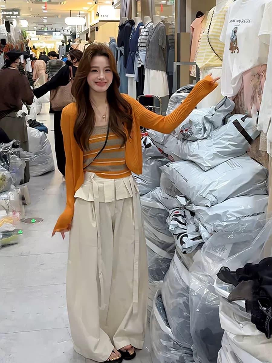여름 ootd 착용 가져 가라. 2026 새로운 한 부서 순수한 욕망 스트라이프 슬립 맨위 여성 얇은 스타일 자외선 차단 오픈 가디건 투피스 세트 상세 이미지 3