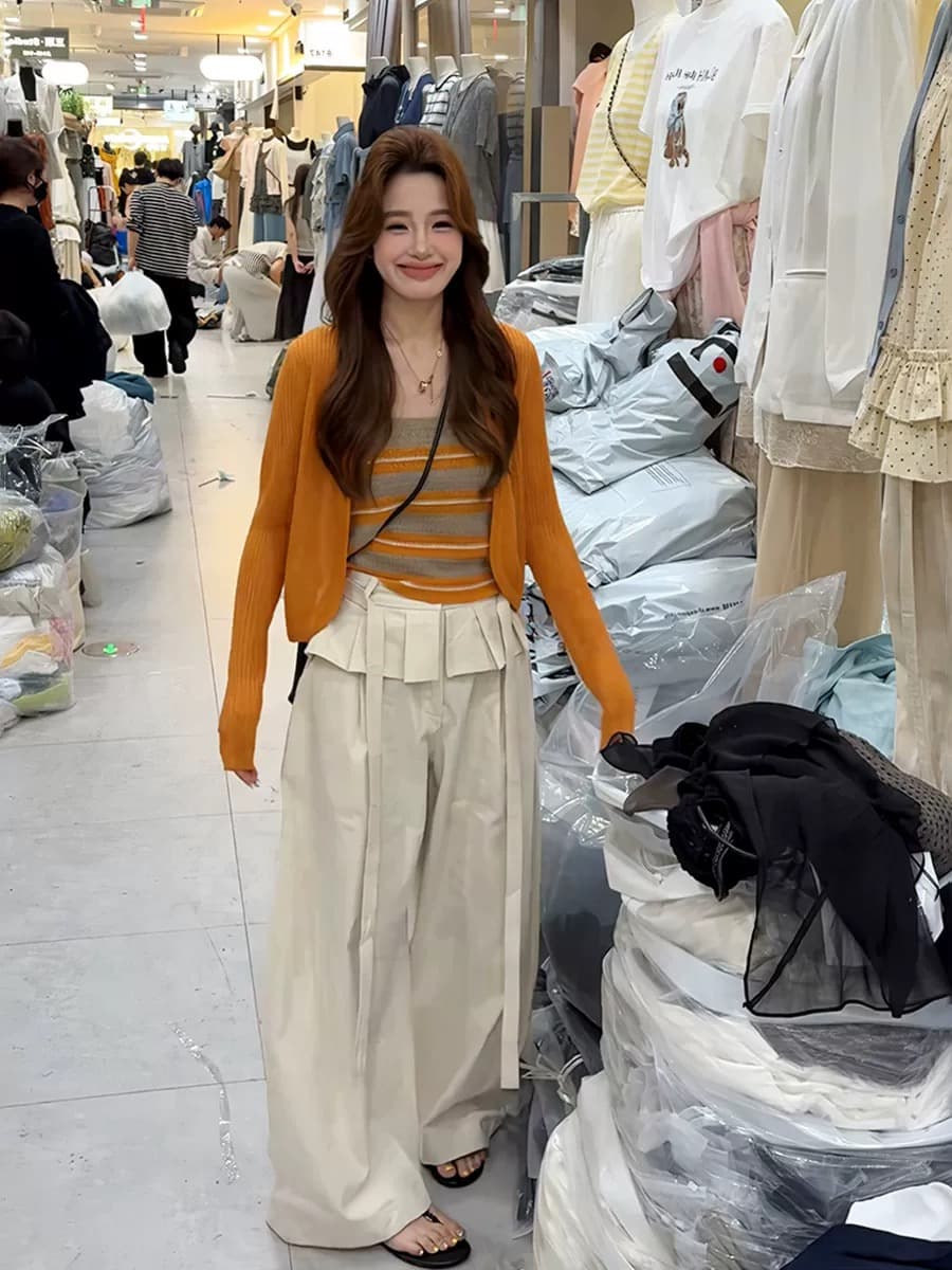 여름 ootd 착용 가져 가라. 2026 새로운 한 부서 순수한 욕망 스트라이프 슬립 맨위 여성 얇은 스타일 자외선 차단 오픈 가디건 투피스 세트 상세 이미지 5