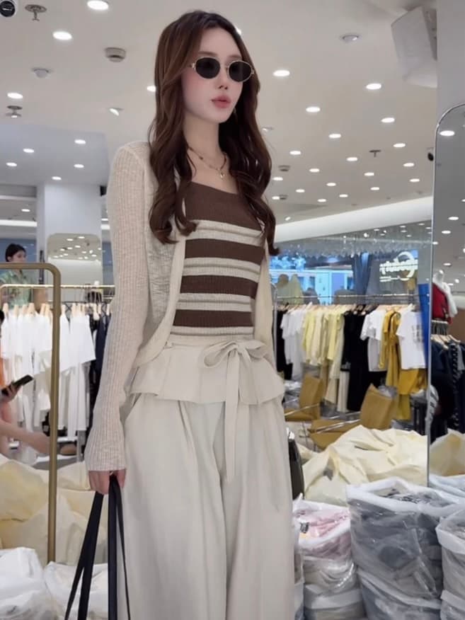 여름 ootd 착용 가져 가라. 2026 새로운 한 부서 순수한 욕망 스트라이프 슬립 맨위 여성 얇은 스타일 자외선 차단 오픈 가디건 투피스 세트 상세 이미지 9
