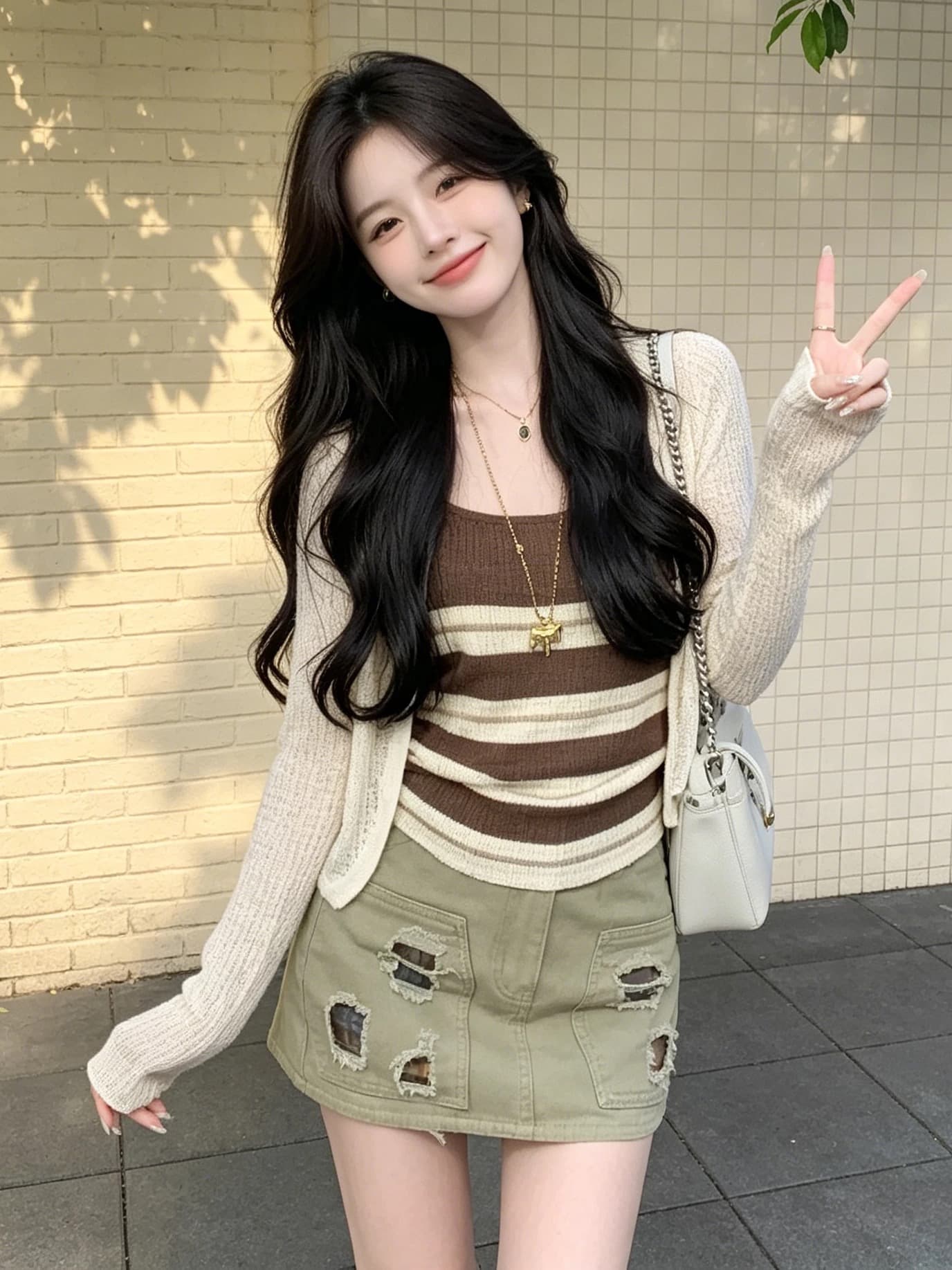 2026 여름 새로운 고유 한 자이언트 잘 생긴 스트라이프 캐미솔 자외선 차단 니트 오픈 가디건 아름다운 두 조각 여성 세트 이미지 2