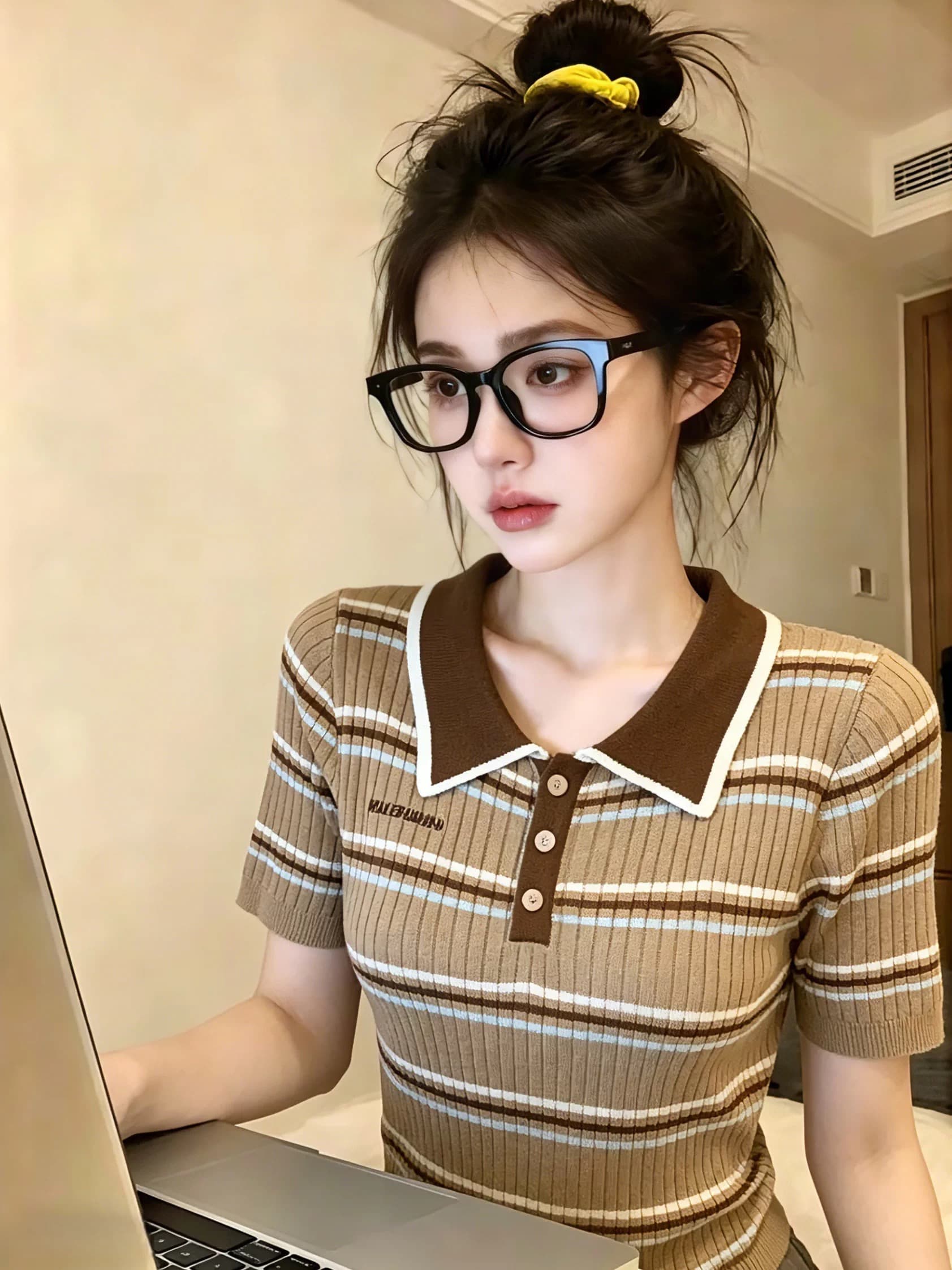 오래된 돈 바람 배색 POLO 칼라 스트라이프 니트 티셔츠 여성 2026 여름 반팔 슬림해 보이는 다용도 맨위 트렌디 상세 이미지 2