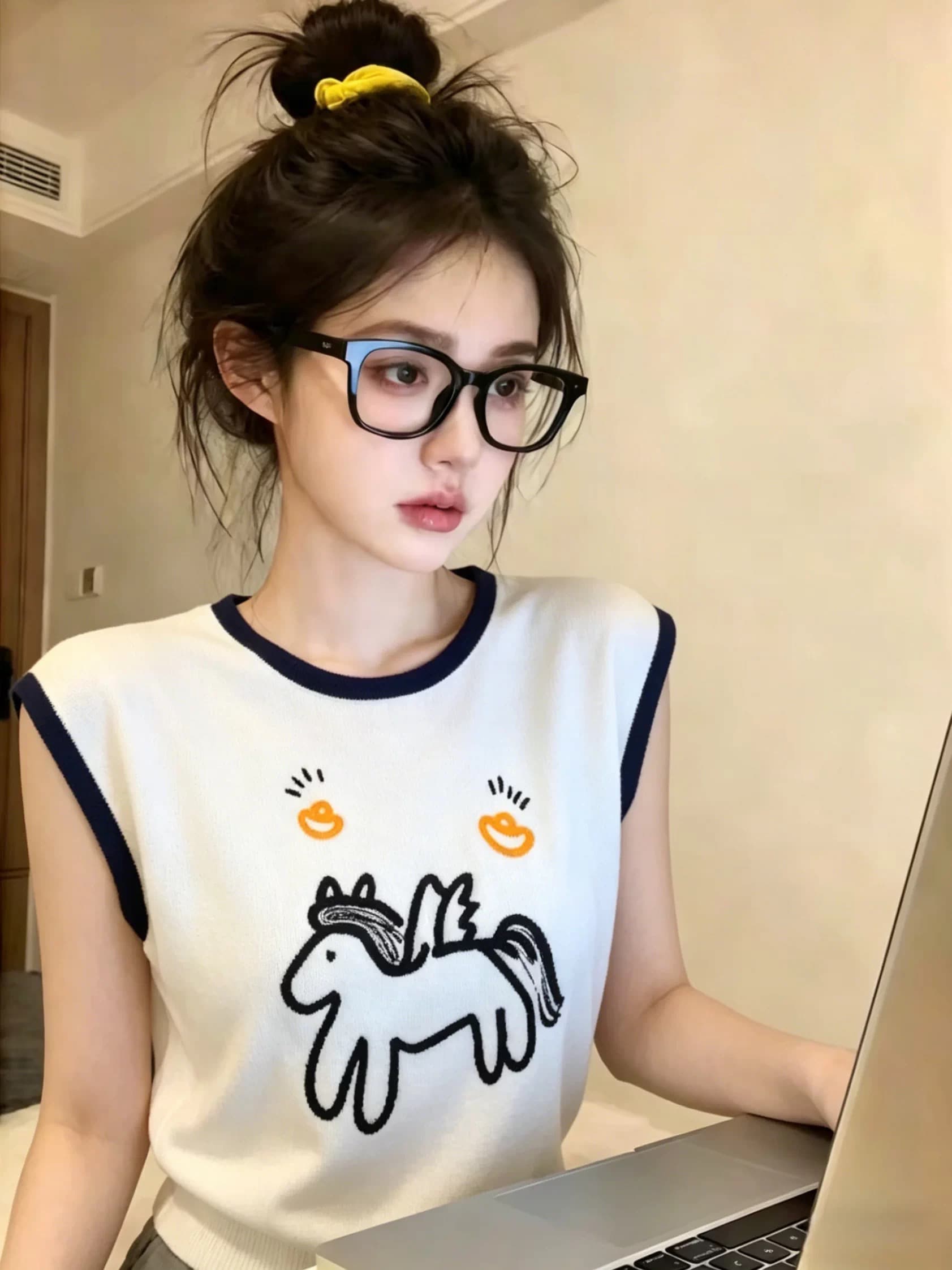 한 부서 만화 자카드 Feifei 소매 짠 셔츠 여성 여름 새로운 느긋한 바람 다용도 맨위