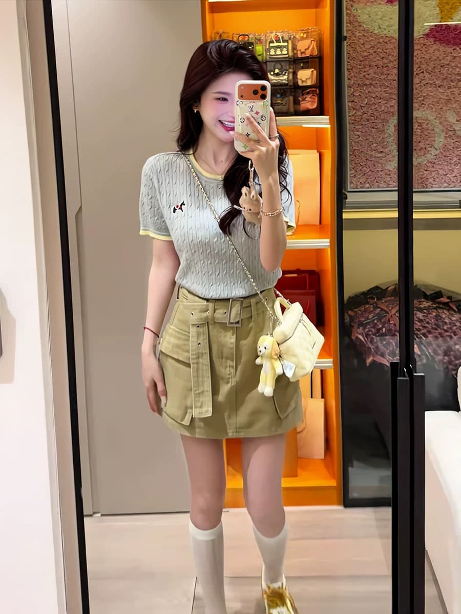 한 부서 배색 작은 말 자수 얼음 실크 니트 반팔 티셔츠 여성 여름 chic 품격 연령 감소 디스플레이 얇고 작은 맨위 이미지 4