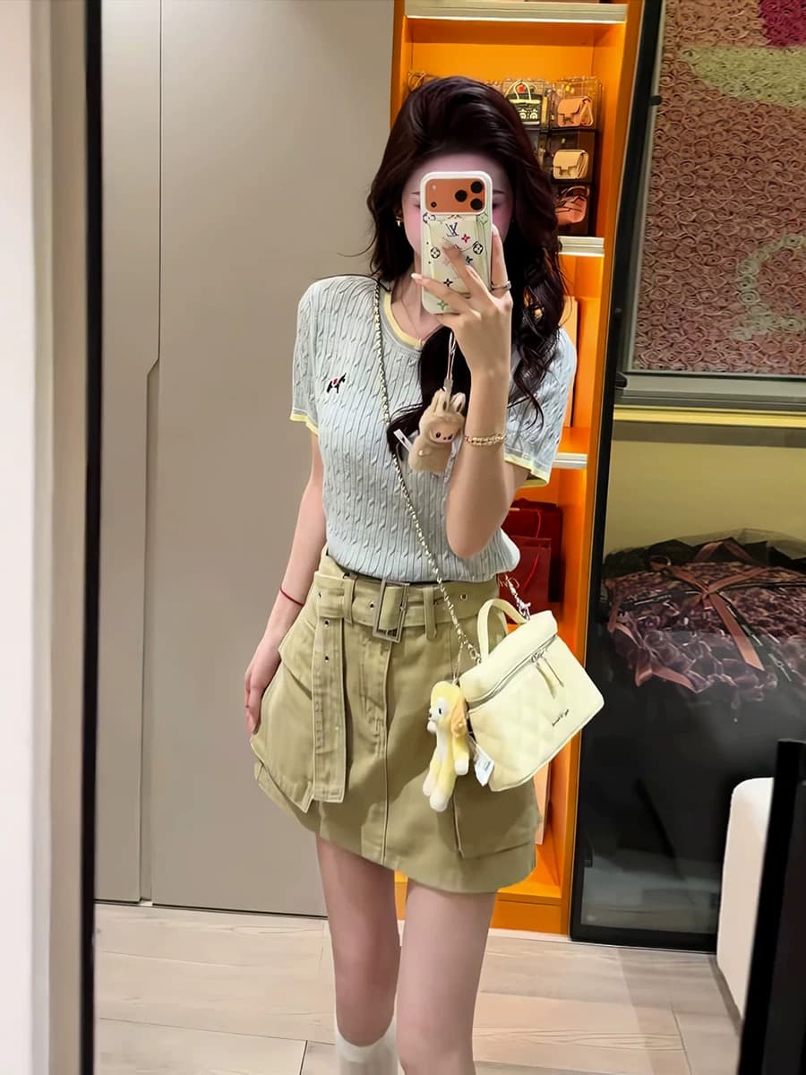 한 부서 배색 작은 말 자수 얼음 실크 니트 반팔 티셔츠 여성 여름 chic 품격 연령 감소 디스플레이 얇고 작은 맨위 이미지 5