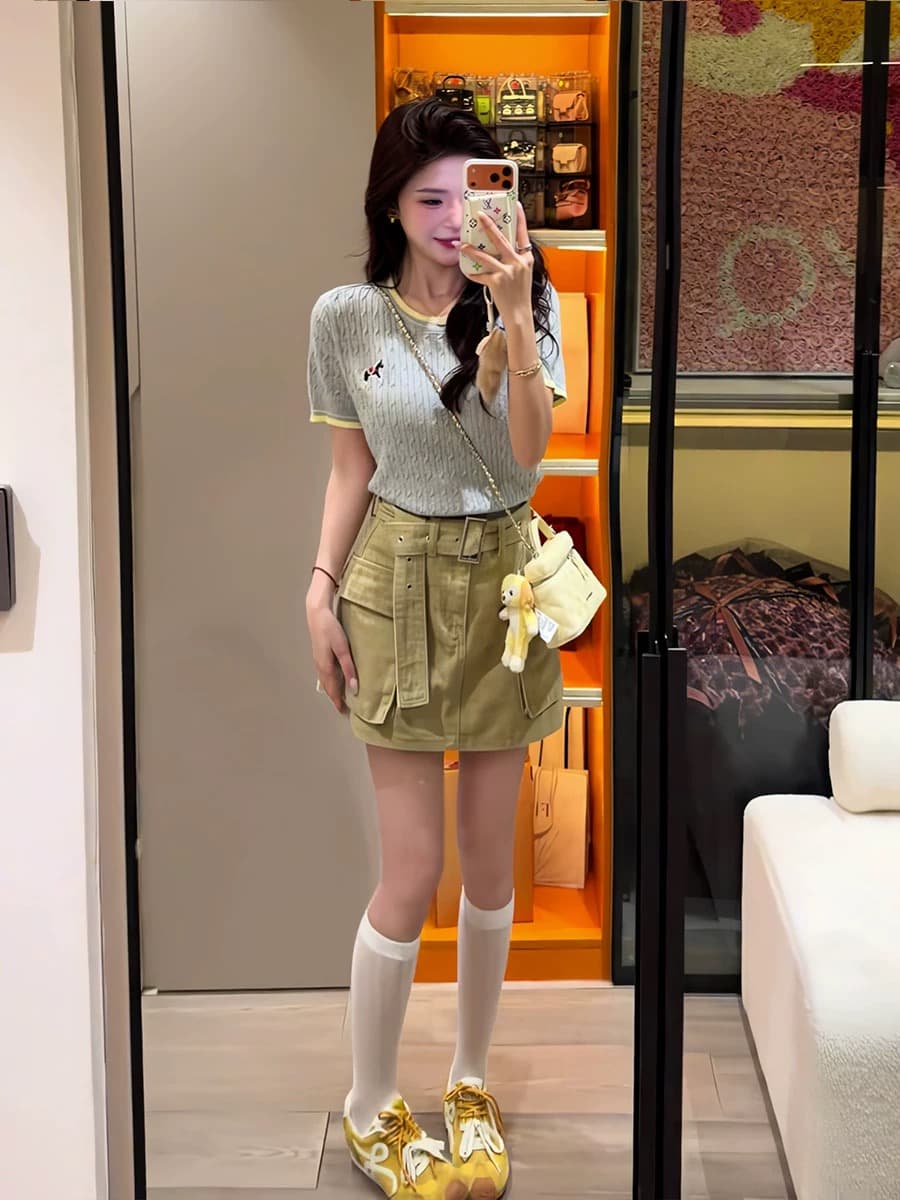 한 부서 배색 작은 말 자수 얼음 실크 니트 반팔 티셔츠 여성 여름 chic 품격 연령 감소 디스플레이 얇고 작은 맨위 상세 이미지 5
