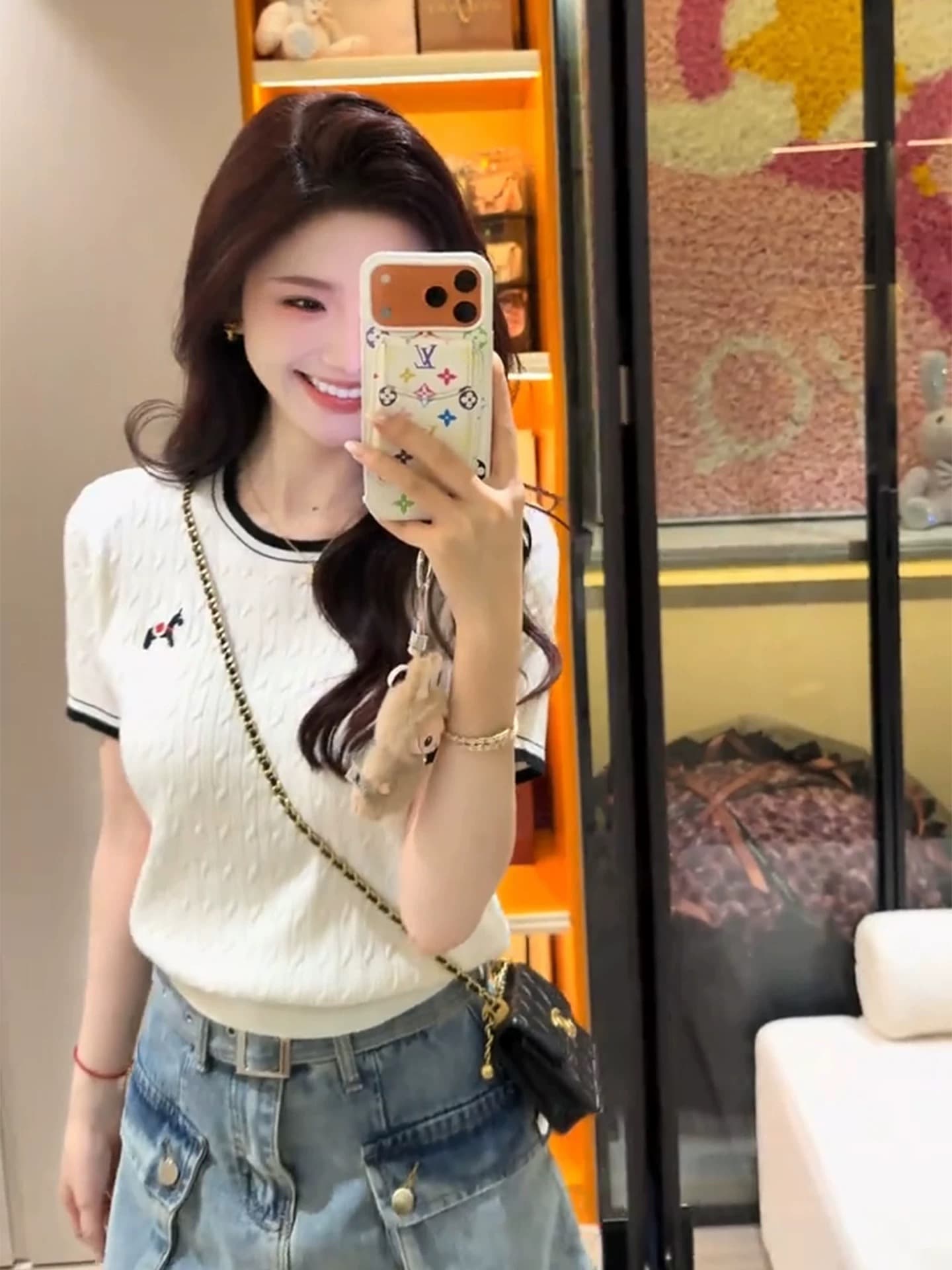 한 부서 배색 작은 말 자수 얼음 실크 니트 반팔 티셔츠 여성 여름 chic 품격 연령 감소 디스플레이 얇고 작은 맨위 상세 이미지 8