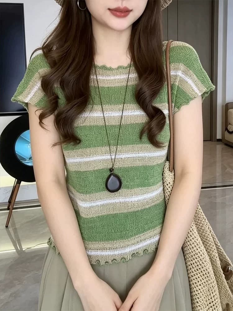 녹색 스트라이프 프릴 반팔 니트 스웨터 여성 여름 2026 년 새로운 한 부서 연령 감소 품격 얇은 스타일 맨위 상세 이미지 7