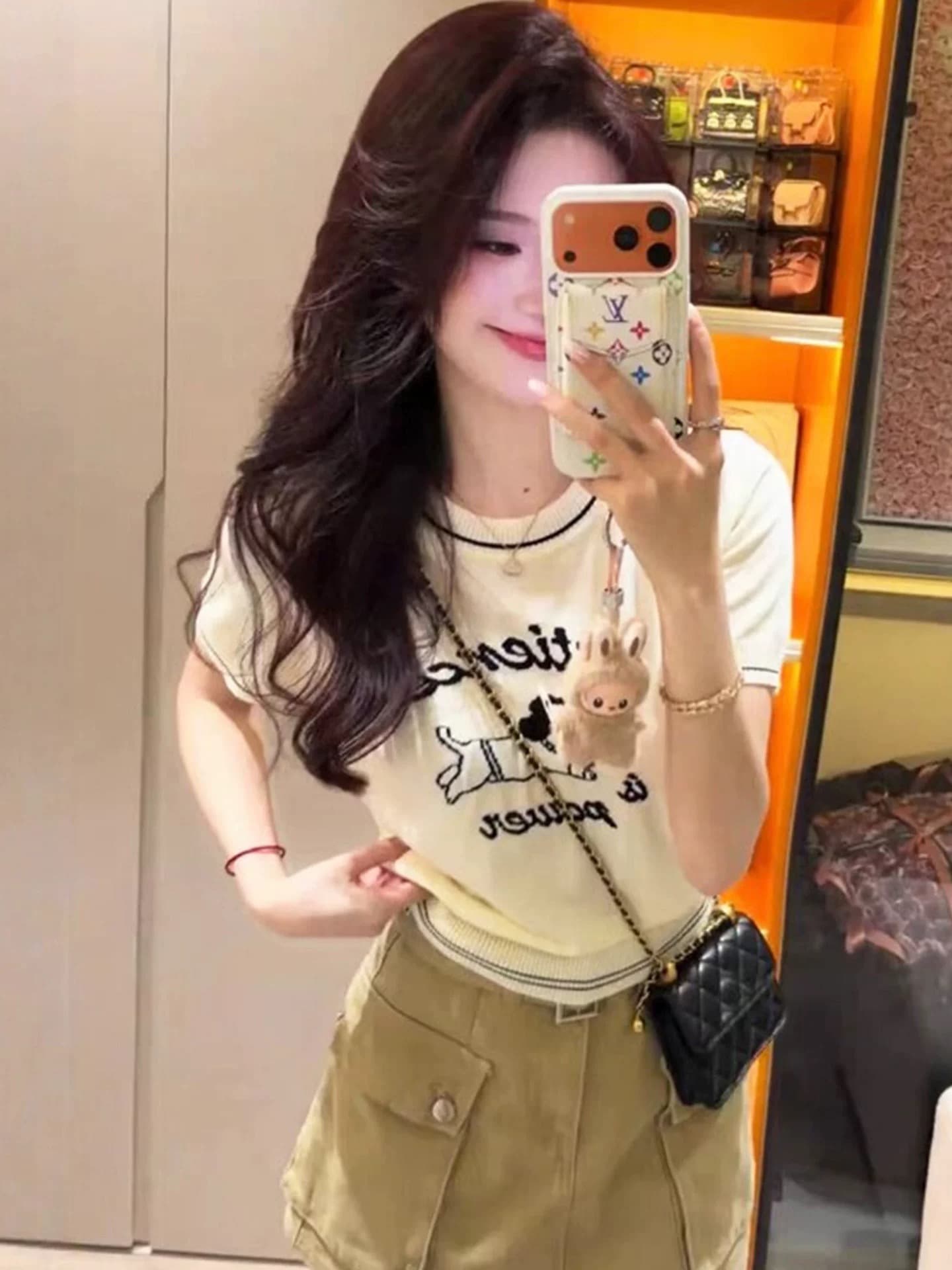 고유 한 아름다운 만화 자카드 라운드 넥 반팔 니트 스웨터 여성 2026 새로운 여름 허리 수축 슬림해 보이는 품격 맨위 상세 이미지 5