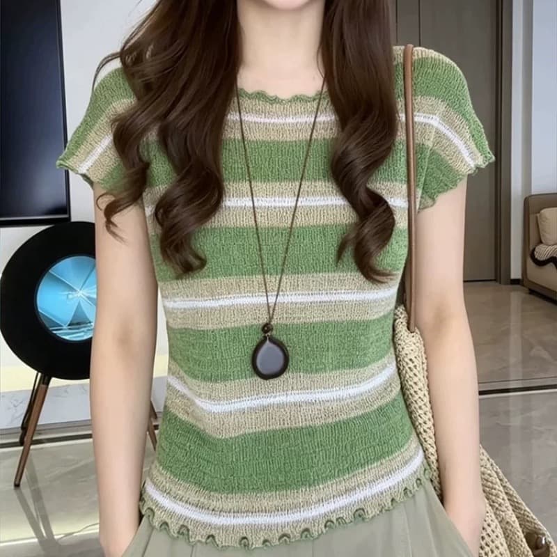 한 부서 착용 가져 가라. 녹색 스트라이프 프릴 얼음 실크 니트 스웨터 티셔츠 여성 디자인 센스 얇고 가벼운 통기성 아름다운 맨위 이미지 5