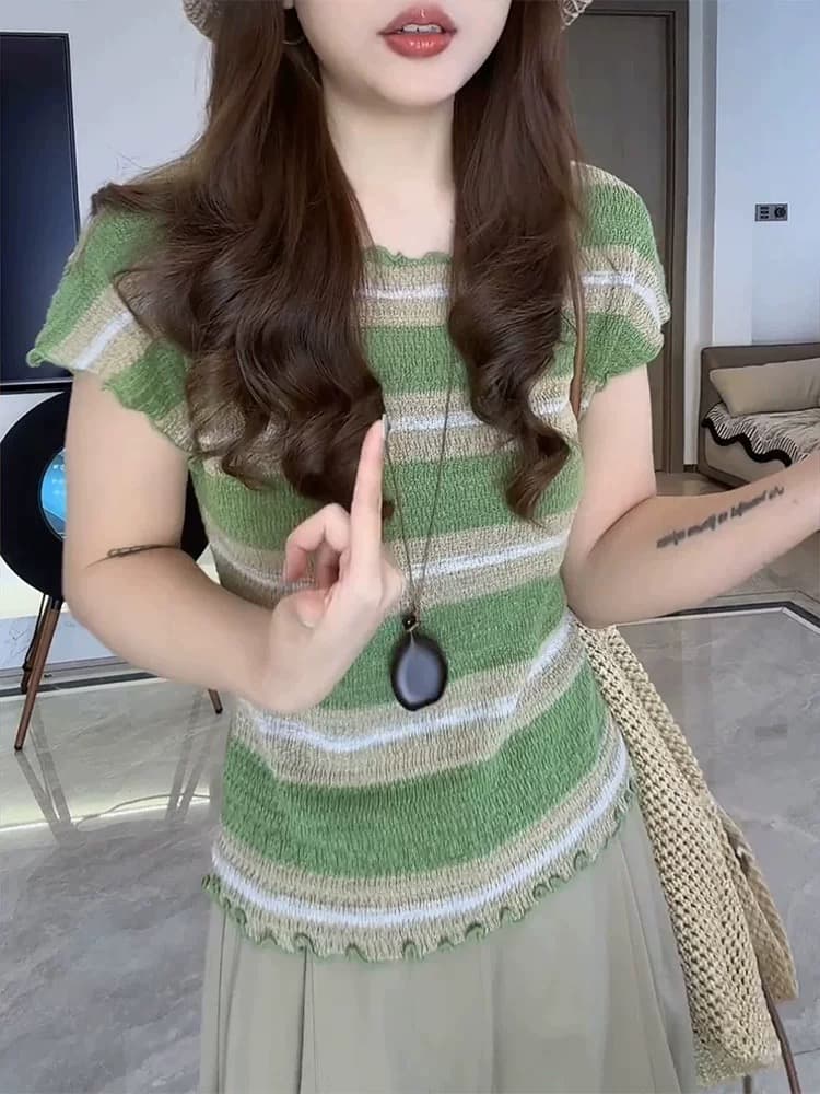 한 부서 착용 가져 가라. 녹색 스트라이프 프릴 얼음 실크 니트 스웨터 티셔츠 여성 디자인 센스 얇고 가벼운 통기성 아름다운 맨위 상세 이미지 6