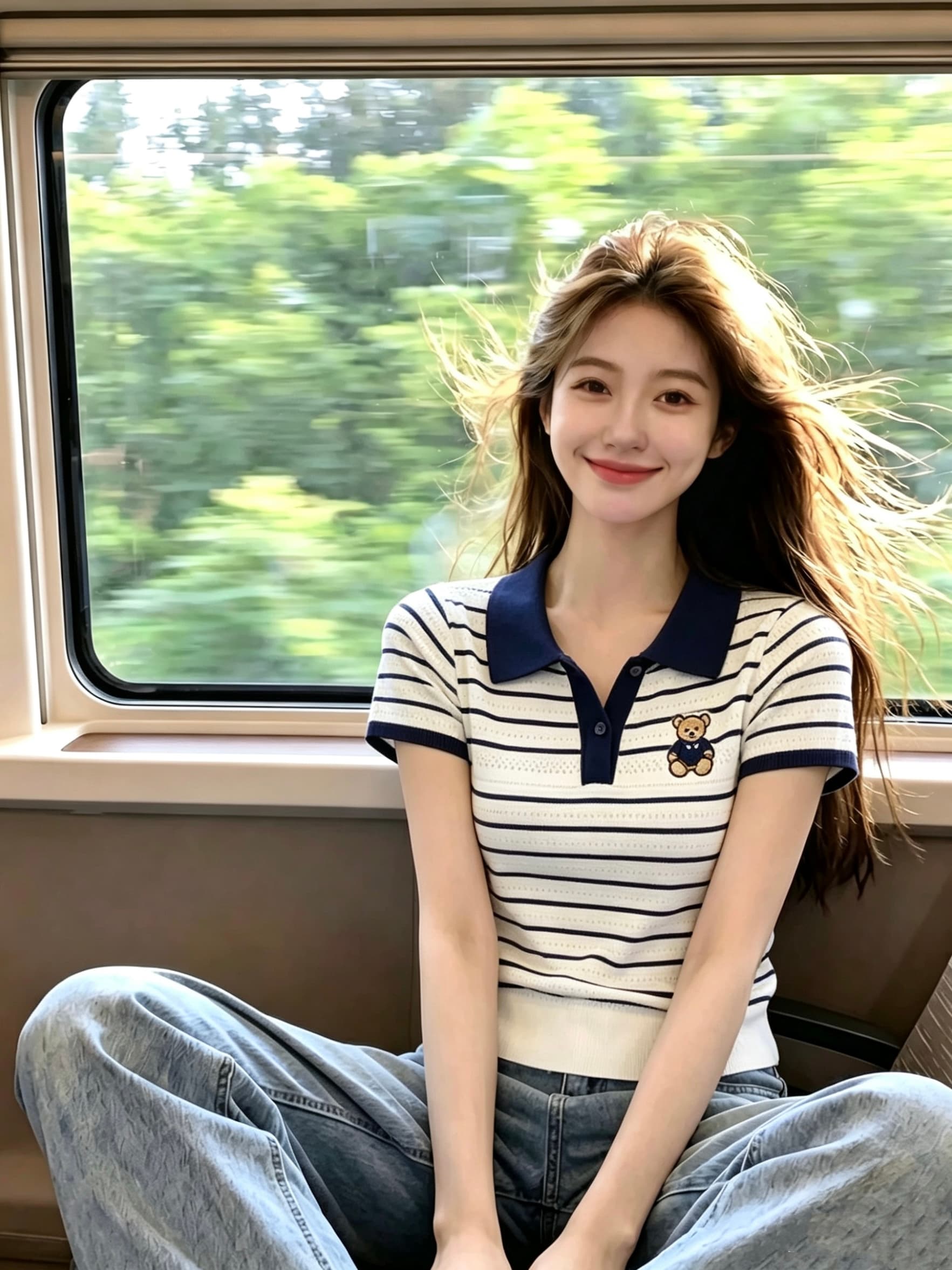 한 부서 chic 배색 스트라이프 작은 곰 자수 POLO 칼라 반팔 티셔츠 여성 봄 여름 새로운 얼음 실크 니트 맨위