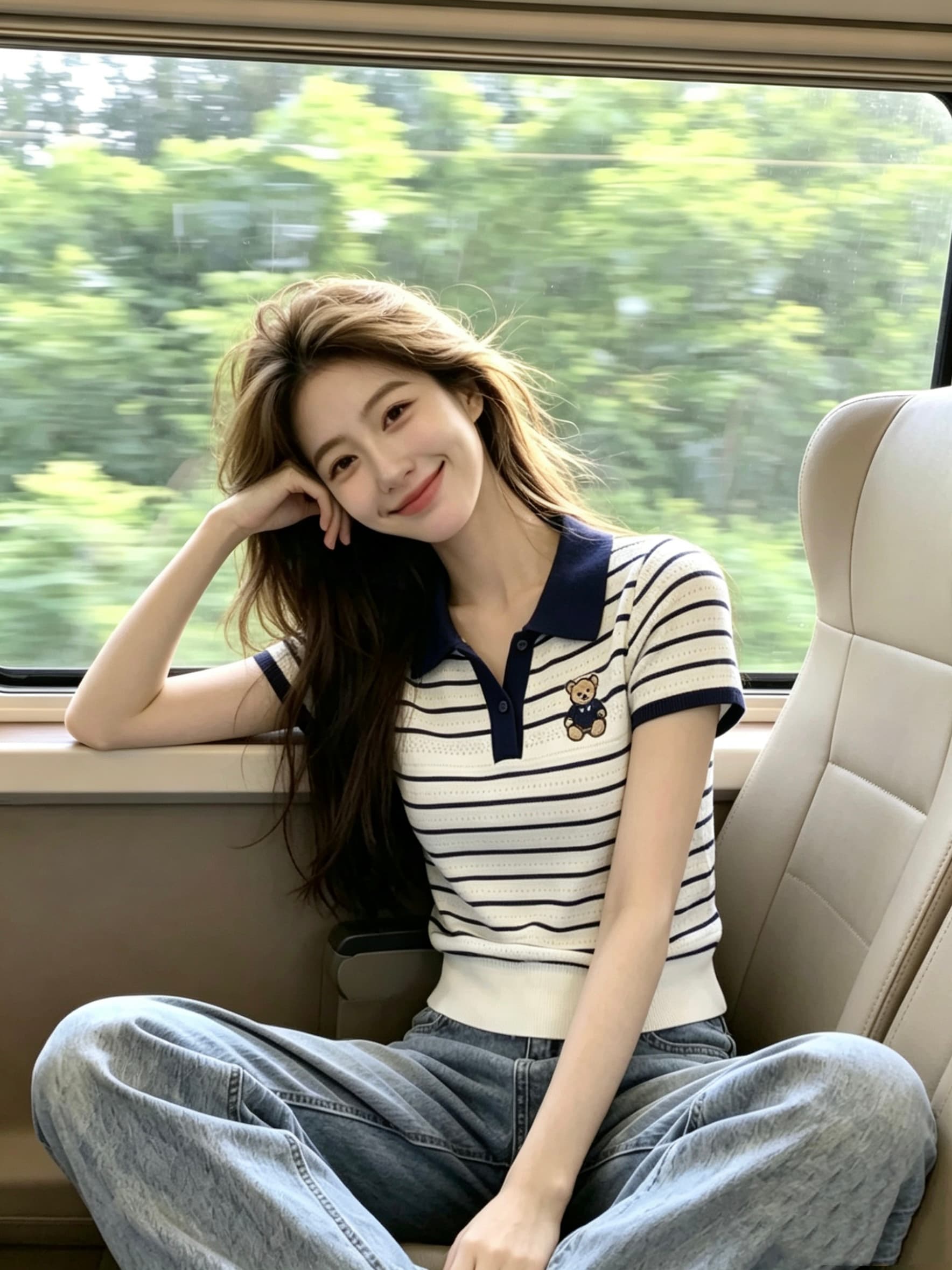 한 부서 chic 배색 스트라이프 작은 곰 자수 POLO 칼라 반팔 티셔츠 여성 봄 여름 새로운 얼음 실크 니트 맨위 이미지 2