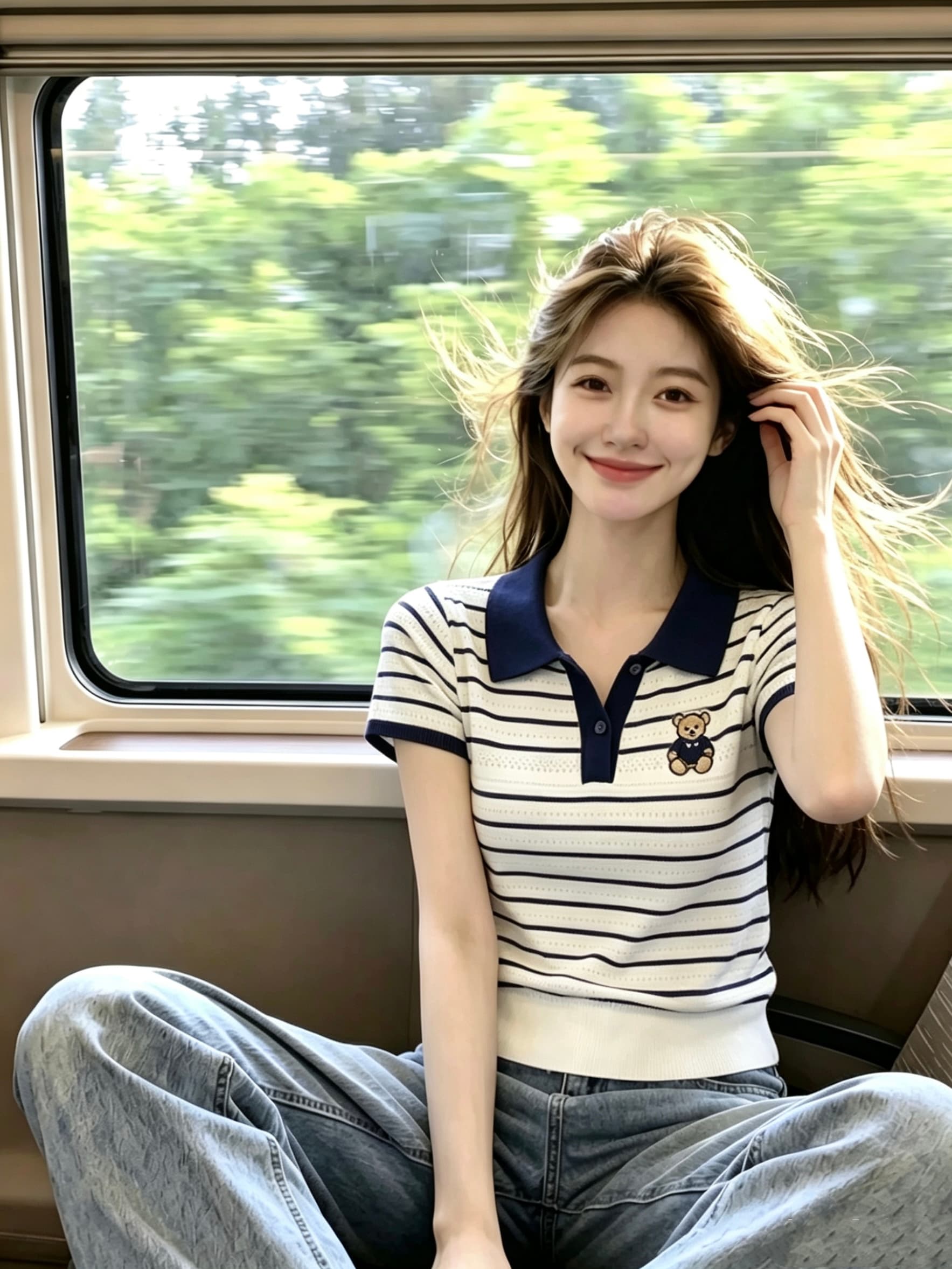 한 부서 chic 배색 스트라이프 작은 곰 자수 POLO 칼라 반팔 티셔츠 여성 봄 여름 새로운 얼음 실크 니트 맨위 이미지 4