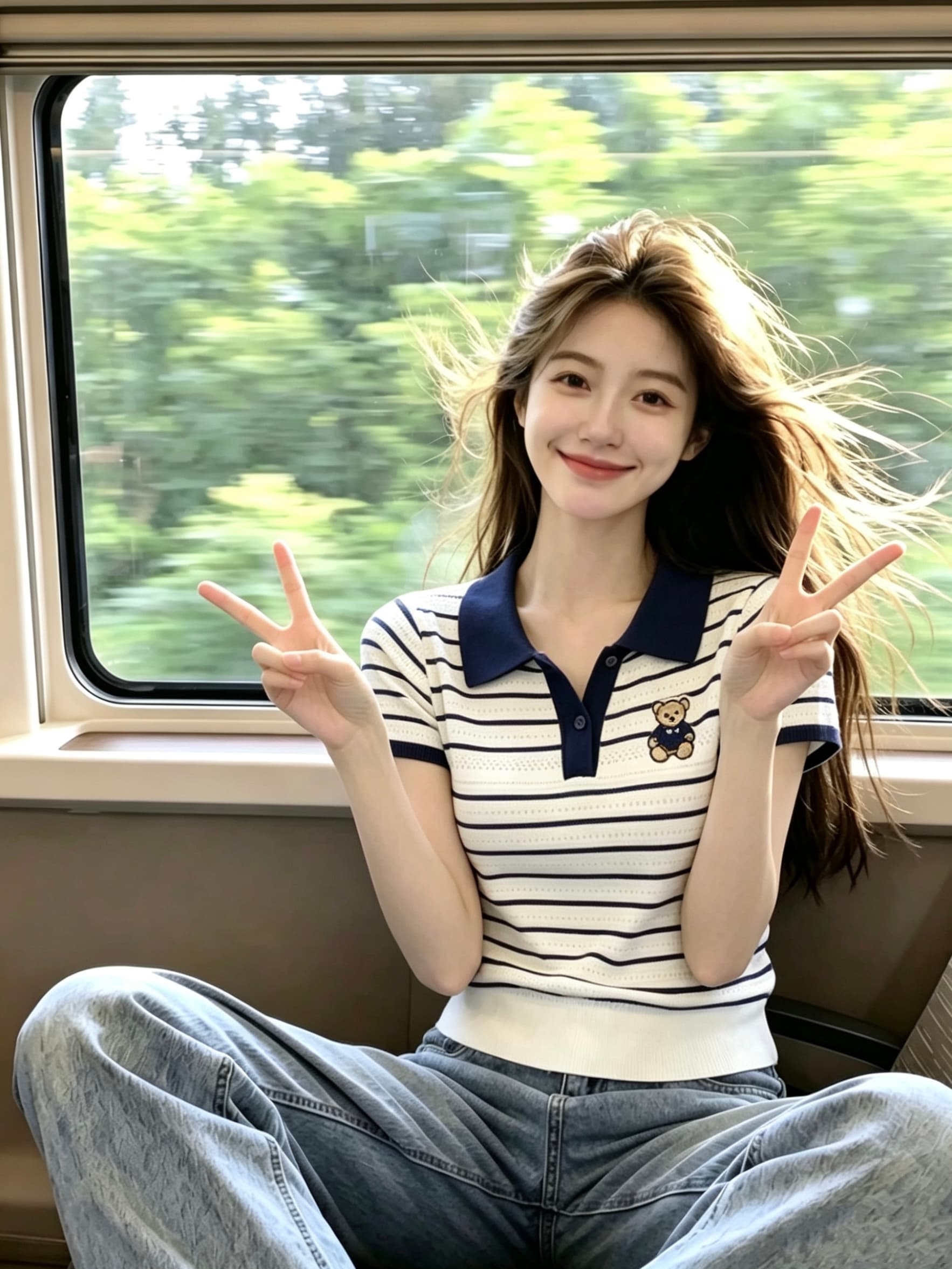 한 부서 chic 배색 스트라이프 작은 곰 자수 POLO 칼라 반팔 티셔츠 여성 봄 여름 새로운 얼음 실크 니트 맨위 상세 이미지 3