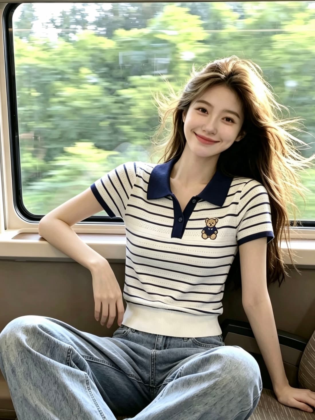 한 부서 chic 배색 스트라이프 작은 곰 자수 POLO 칼라 반팔 티셔츠 여성 봄 여름 새로운 얼음 실크 니트 맨위 상세 이미지 5