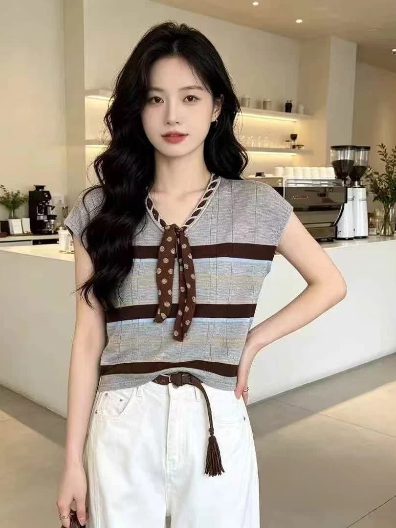 레트로 패션 스트라이프 V넥 스카프 레이스업 니트 스웨터 여성 여름 얇은 스타일 외국 가스 민소매 스택 착용 조끼 맨위 이미지 3