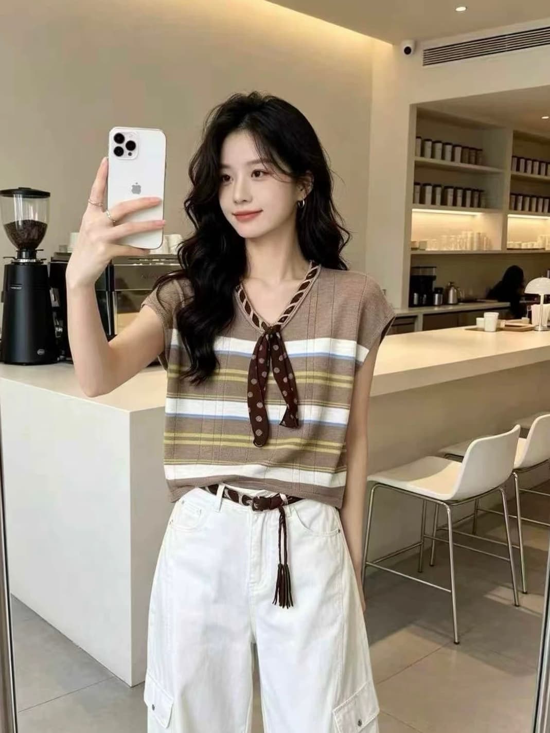 레트로 패션 스트라이프 V넥 스카프 레이스업 니트 스웨터 여성 여름 얇은 스타일 외국 가스 민소매 스택 착용 조끼 맨위 이미지 5