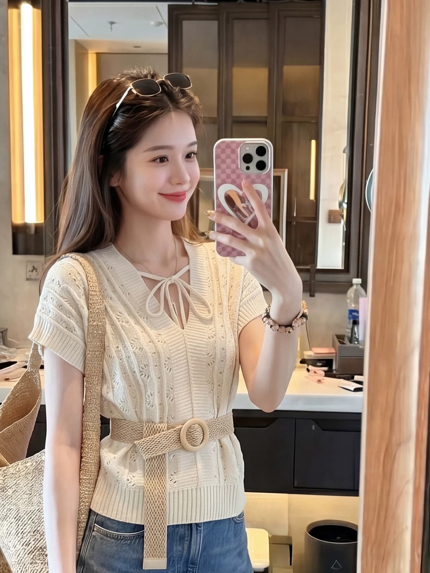 베이지 색 자수 홀로우 아웃 니트 스웨터 여성 여름 디자인 센스 레이스 V넥 레이스업 반팔 티셔츠 맨위 벨트 포함