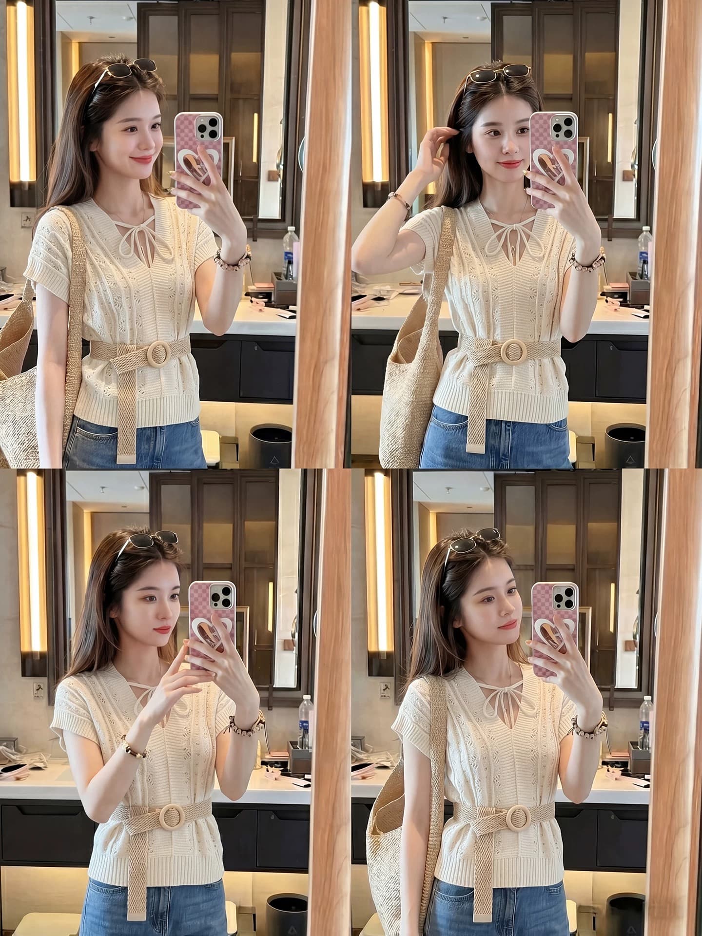 베이지 색 자수 홀로우 아웃 니트 스웨터 여성 여름 디자인 센스 레이스 V넥 레이스업 반팔 티셔츠 맨위 벨트 포함 상세 이미지 8