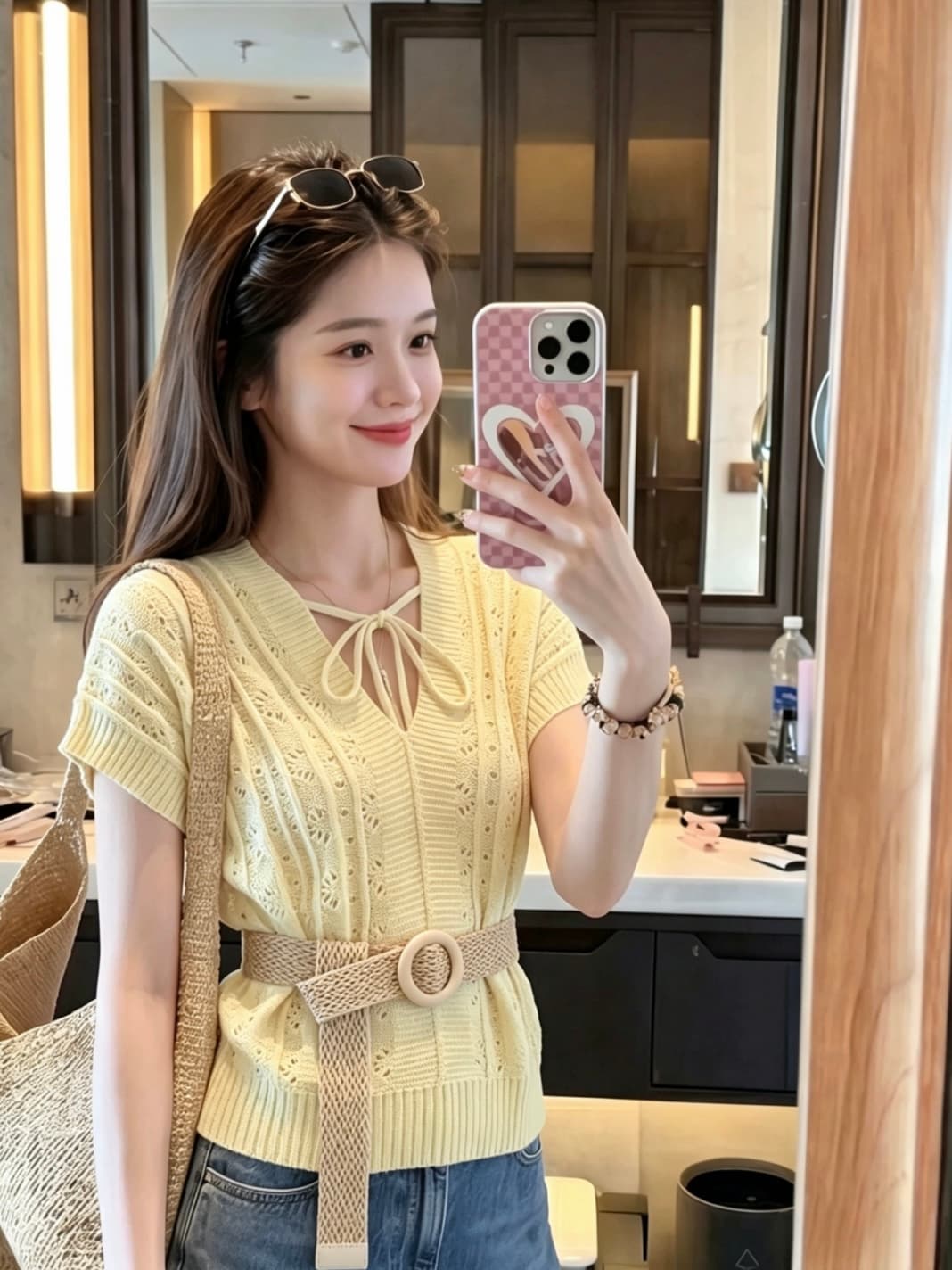 베이지 색 자수 홀로우 아웃 니트 스웨터 여성 여름 디자인 센스 레이스 V넥 레이스업 반팔 티셔츠 맨위 벨트 포함 상세 이미지 2