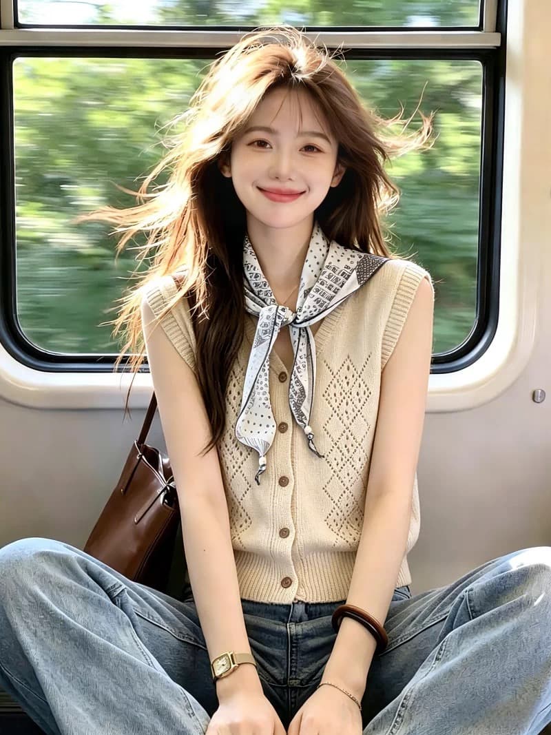 한 부서 고급 센스 경기 스카프 V넥 니트 조끼 여자 여름 홀로우 아웃 Chic 민소매 맨위 상세 이미지 3