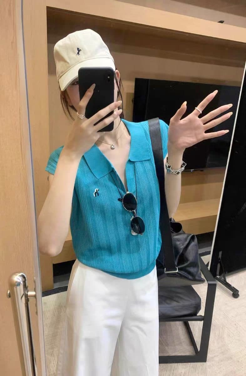 자수 POLO 셔츠 폴로 칼라 긍정적 인 어깨 얼음 실크 니트 반팔 티셔츠 여성 여름 고유 한 아름다운 다용도 슬림해 보이는 맨위 상세 이미지 8