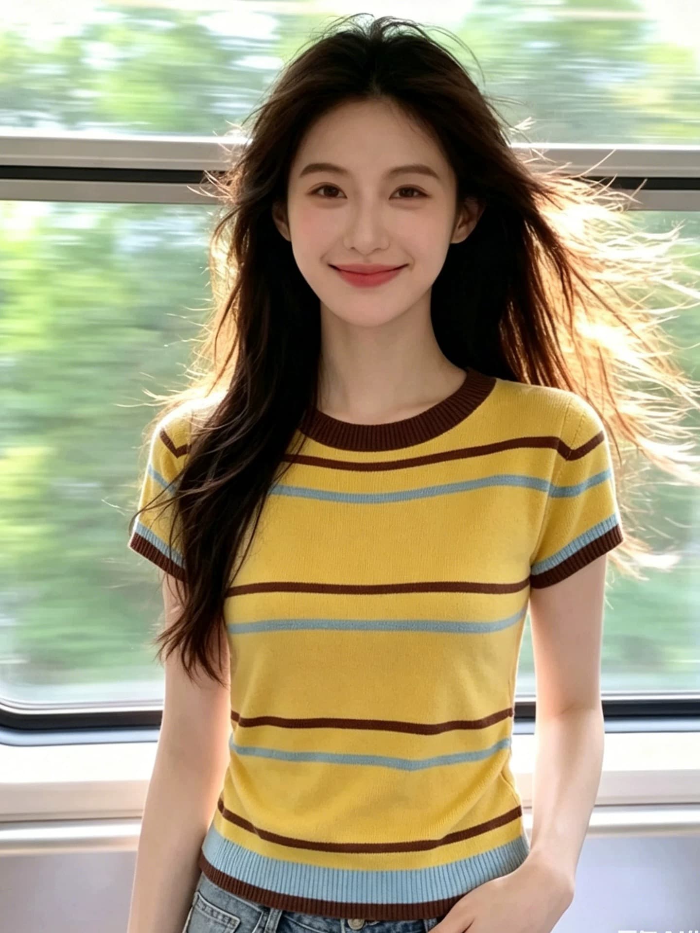 한국 스타일 레트로 스트라이프 배색 반팔 니트 스웨터 여성 여름 새로운 라운드 넥 다용도 패션 Chic 연령 감소 맨위 상세 이미지 2