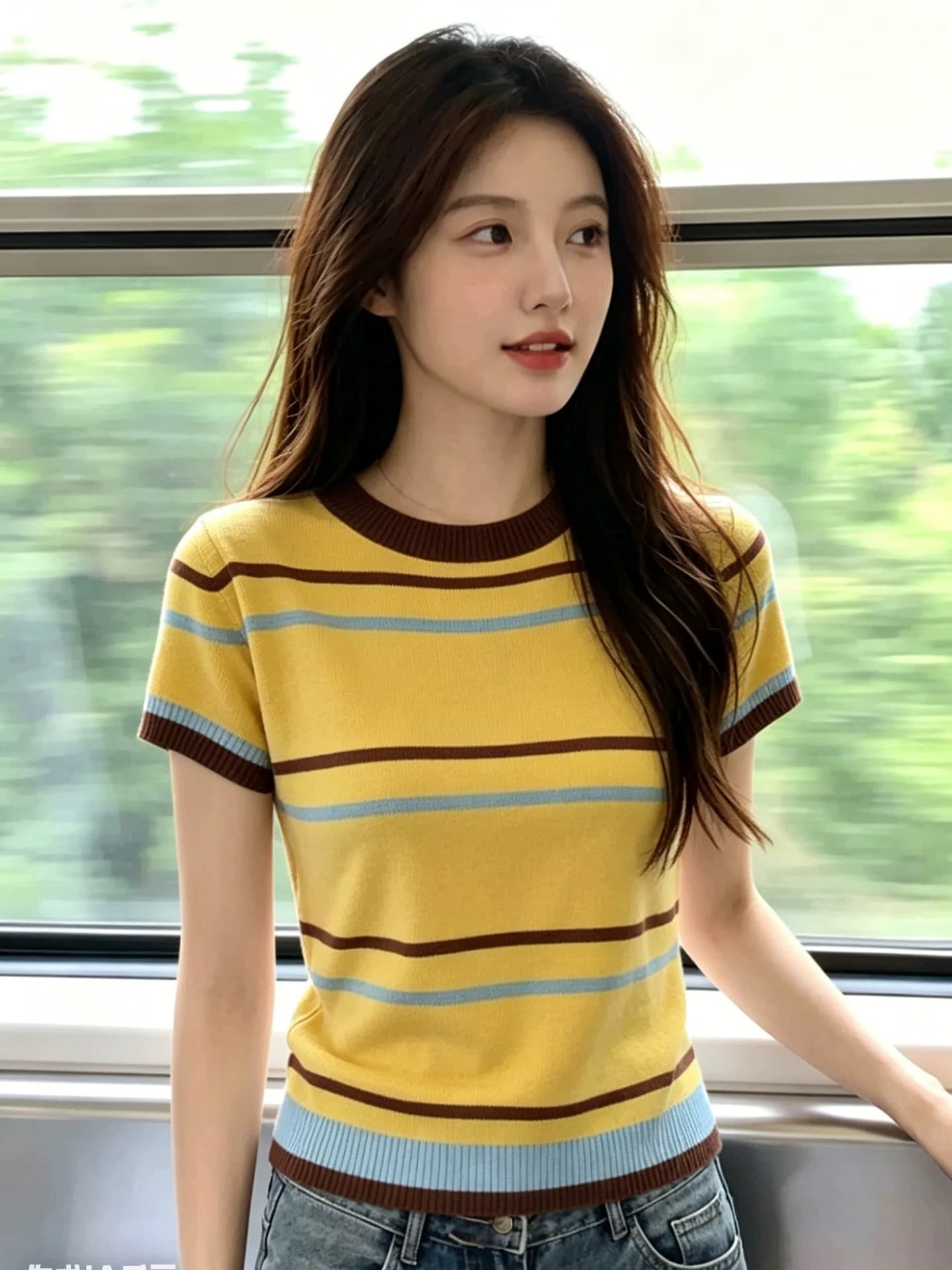 한국 스타일 레트로 스트라이프 배색 반팔 니트 스웨터 여성 여름 새로운 라운드 넥 다용도 패션 Chic 연령 감소 맨위 상세 이미지 3