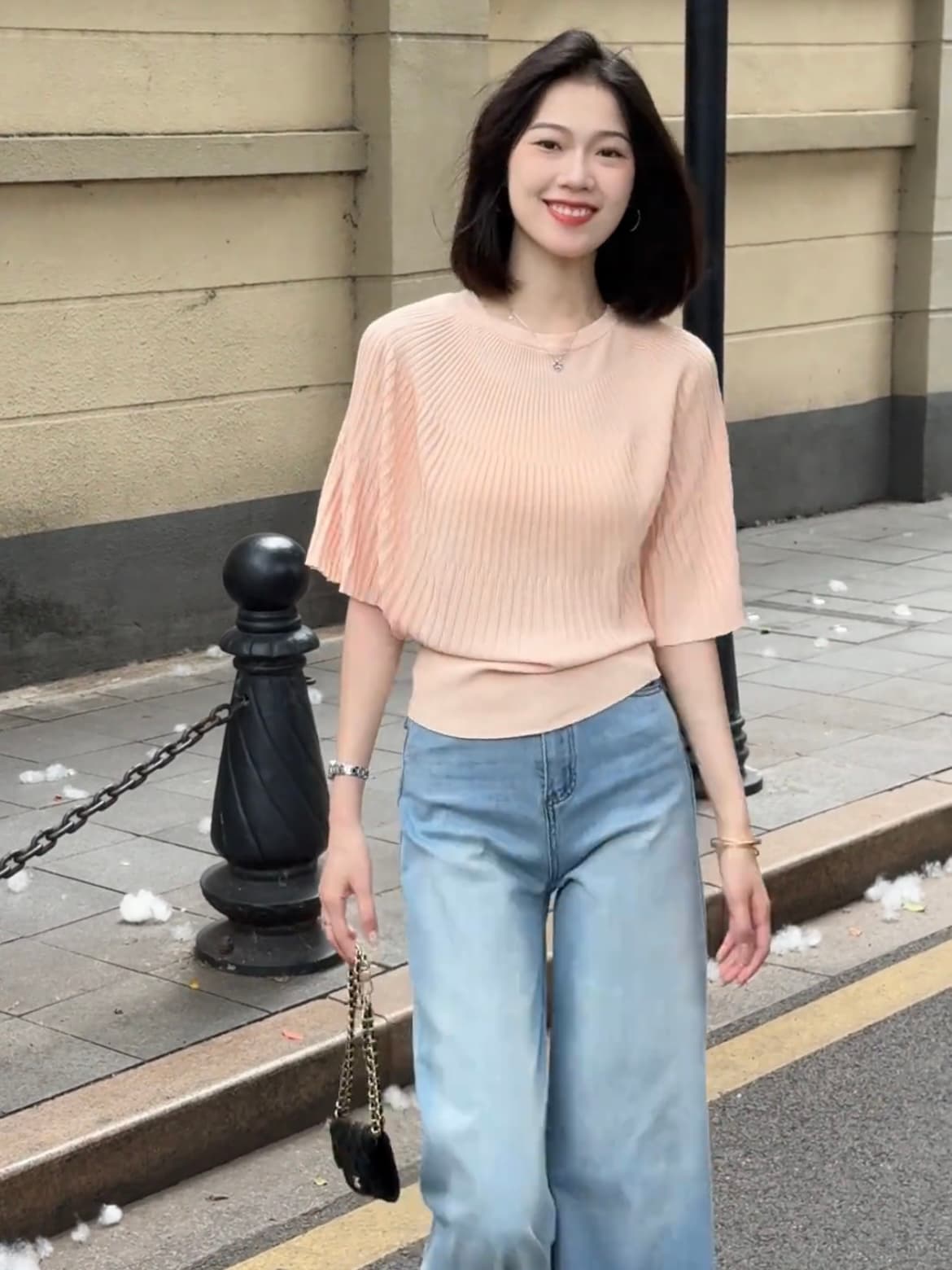 프랑스식 망토 배트윙 소매 핑크색 라운드 넥 얼음 실크 반팔 니트 스웨터 여성 여름 디자인 센스 루즈핏 슬림해 보이는 맨위 상세 이미지 2